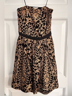 Joie“Borough” Fit-and-Flare Strapless Dress with Gold Floral Jacquard Overlay